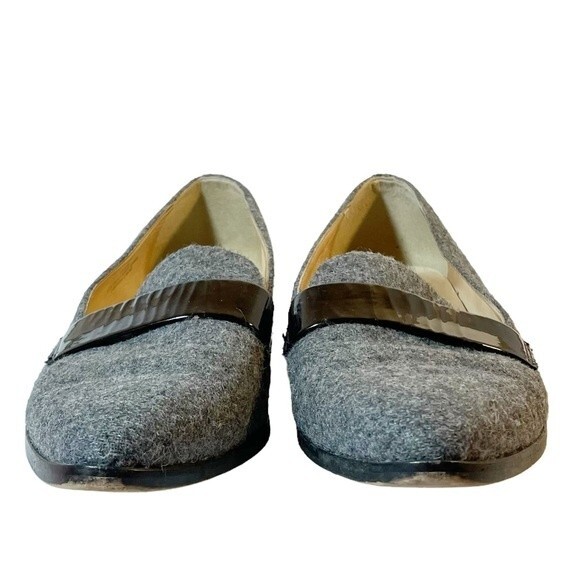 J. Crew Flats Gray Felted Wool Black Patent Leather Loafers Womens Size 8 Preppy - Picture 10 of 14